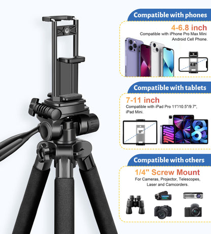 JOILCAN Tripod for Camera, 67" Heavy Duty Camera Tripod, Phone Tripods for Video Recording Photo Vlog, Aluminum Tripods with Holder & Travel Bag for Cameras DSLR iPhone Projector Laser