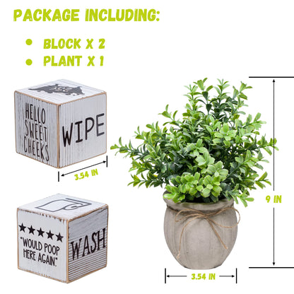 Farmhouse Block Decoration Four-Sided Funny Signs Modern Rustic Decor, Wooden Cute Guest Art Home Decorations Restroom Sign For Bathroom (Block + Plant)