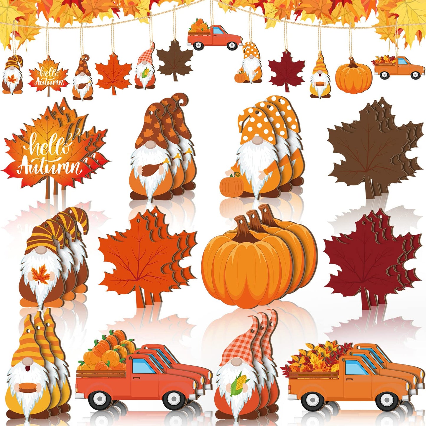 36 Pcs Thanksgiving Ornaments - Fall Tree Decorations with Autumn Pumpkin Gnome Leaf Cutouts, Hanging Ornaments, Wooden Craft Ornaments with Rope for Home (Autumn Style)