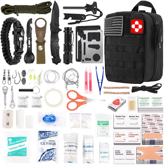 216 Pcs, Professional Survival Gear Equipment Tools First Aid Supplies kit for SOS Emergency Hiking Hunting Disaster Camping Adventures (Black)