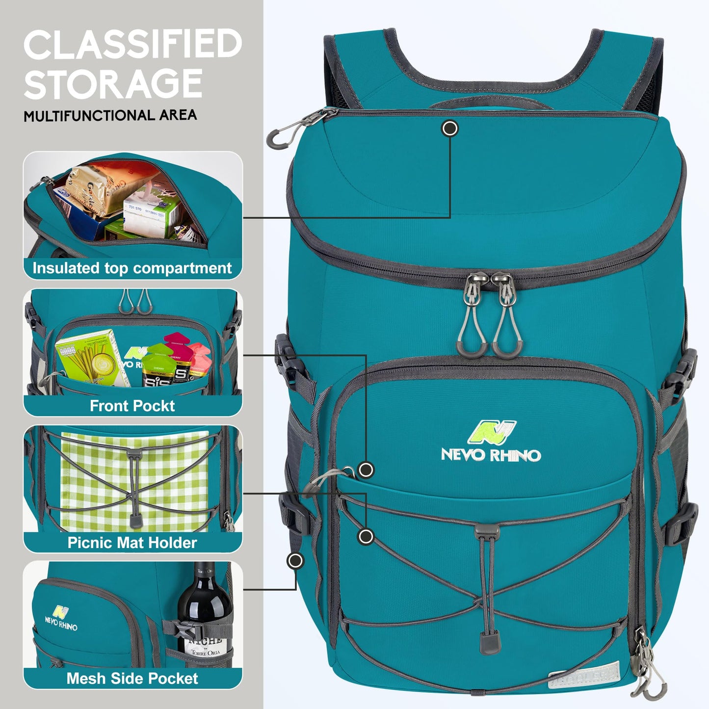 N NEVO RHINO Backpack Cooler, 36 Cans, Insulated, Waterproof, Leakproof, Large Capacity, Multiple Pockets, Green