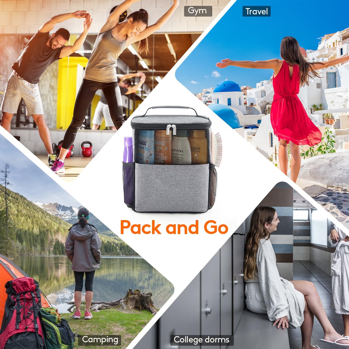 Lifewit Mesh Shower Caddy Bag Portable College Dorm Room Essentials Caddy Tote Basket for Bathroom, Gym, Travel, Camping Quick Dry Hanging Shower Organizer Toiletry Bag for Women Wen, Large, Gray