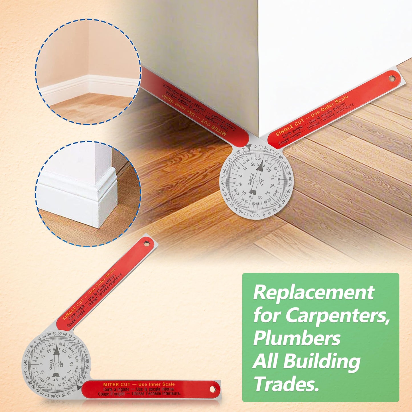 Miter Saw Protractor Replacement for #505P-7 Angle Finder Featuring Precision Laser-Inside & Outside Miter Angle Finder Protractor for All Building Trades, Plumbers, Carpenters Plastic （Red）