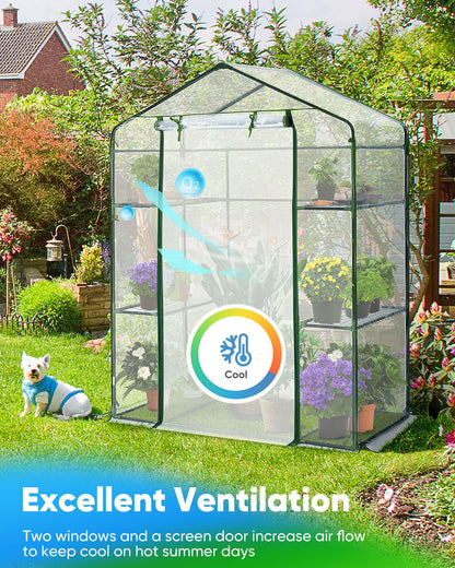 Quictent Greenhouse for Outdoors, Mini Walk-in Portable Flower Garden Plant Kit Outside, Heavy Duty 3 Tiers 4 Shelves Steel Frame & Durable Cover W/ Screen Door, 4.7x2.4x6.4 FT, Clear