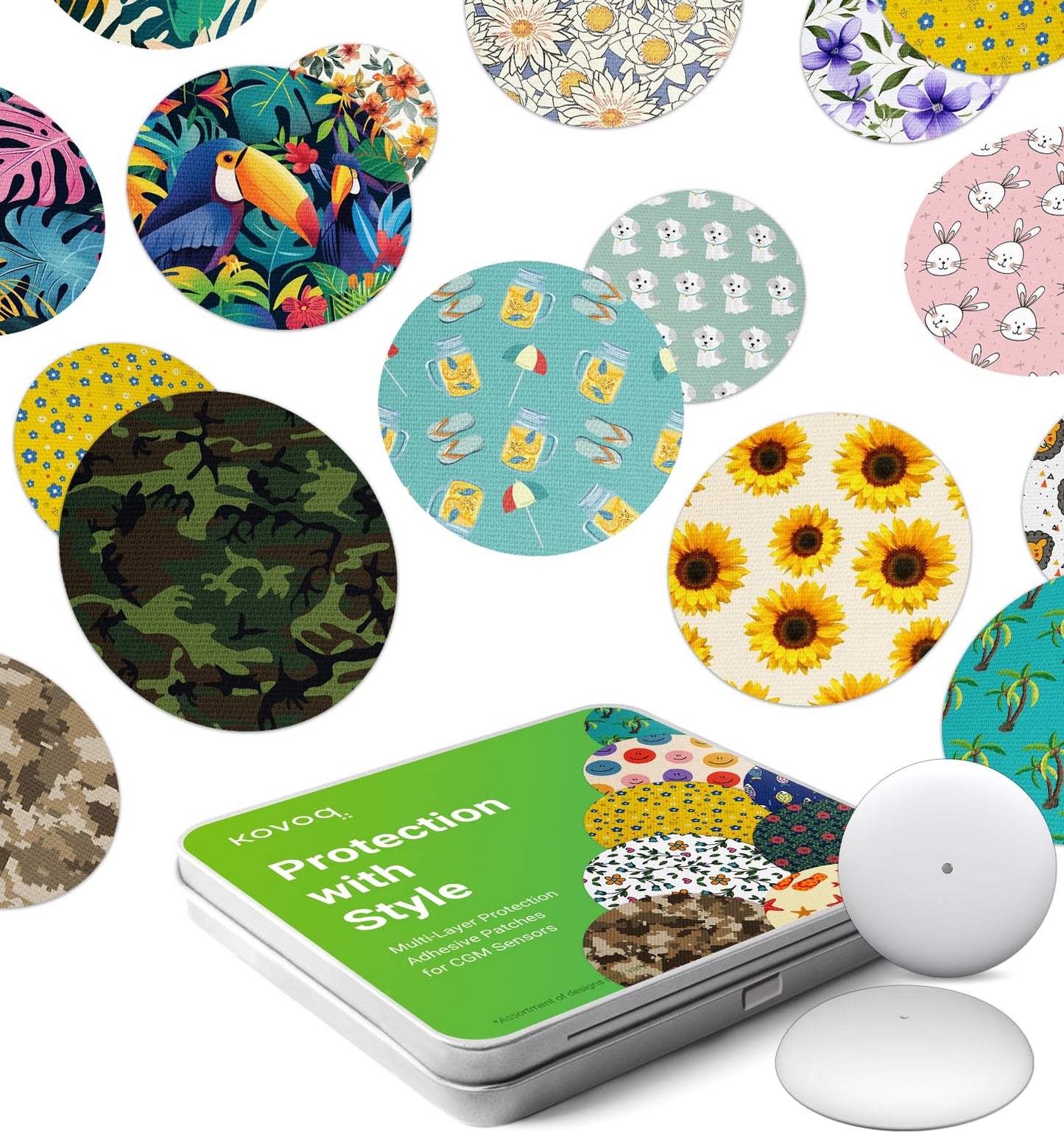 Kovoq Freestyle Libre 2 & Lingo Colorful Adhesive Patches, 2pcs Protective Hardshell Cover + 10pcs Surprise Pattern Sensor Patches,Multiple Protection for CGM Glucose Monitor