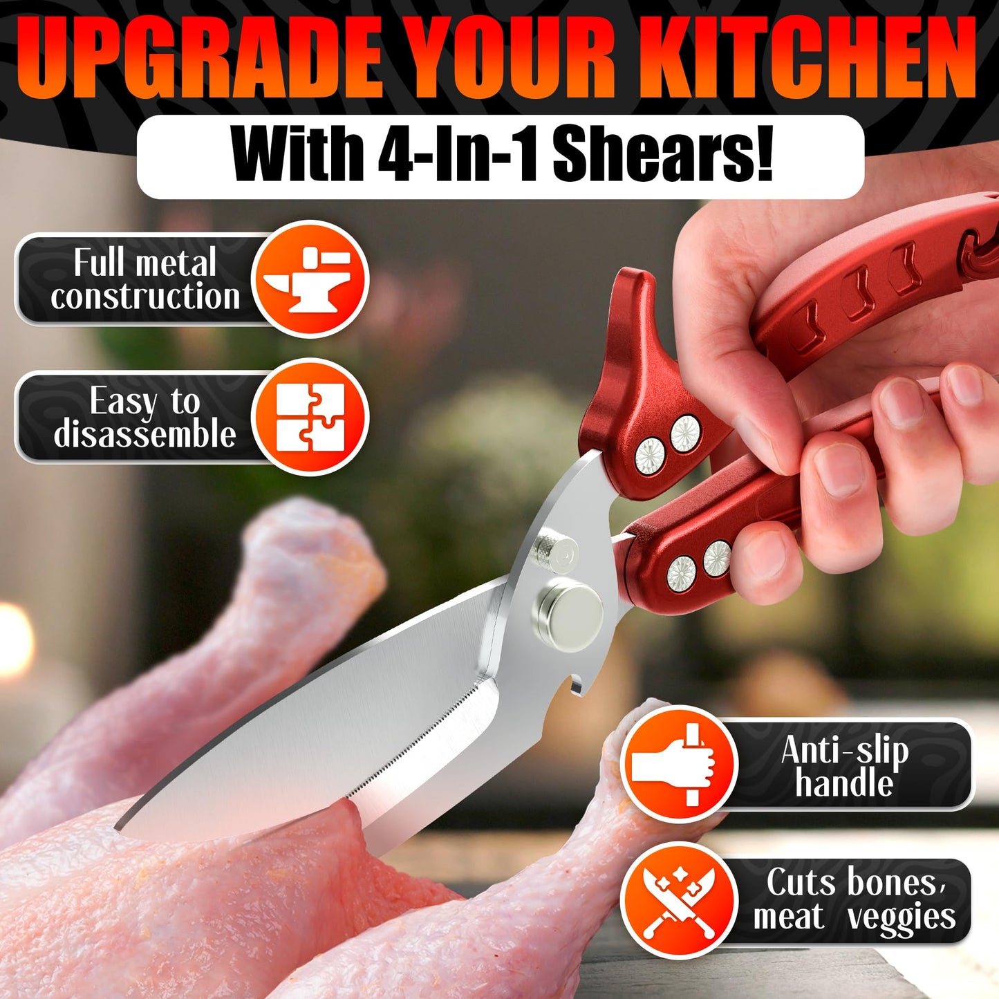 Kitchen Shears Heavy Duty – Sharp Chicken Shears with Non-Slip Micro-Serrated Blades, Meat Cutting Scissors with Safety Lock – Multipurpose Chicken Scissors for Meat, Fish, Bone & Food Prep