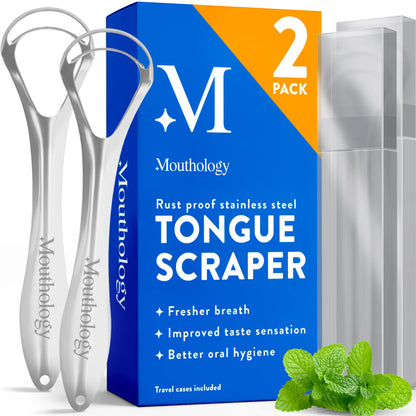 Mouthology Tongue Scraper for Adults (2 Pack), Reduce Bad Breath, Metal Tongue Scraper, Tongue Cleaner, Tongue Scraper, Stainless Steel Tongue Scraper, Tongue Cleaner for Adults, Tongue Scrubber