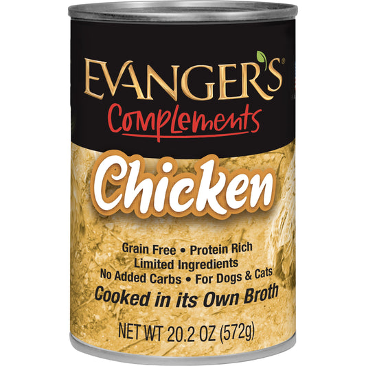 Evanger's Complements Grain Free Chicken for Dogs & Cats – 12 Count, 20.2 oz Each – Single Protein, Grain & Gluten Free, Limited Ingredients, Nutrient-Rich Broth – Wet Dog & Cat Food