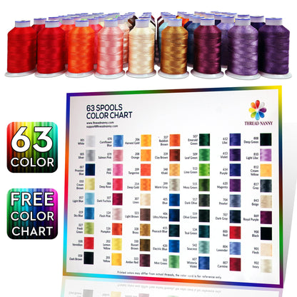 63 Colors Compatible with Brother Embroidery Machine Thread, Babylock, Janome, Machines | 550 Yards Per Spool Cone for Sewing Machine | Includes Color Chart