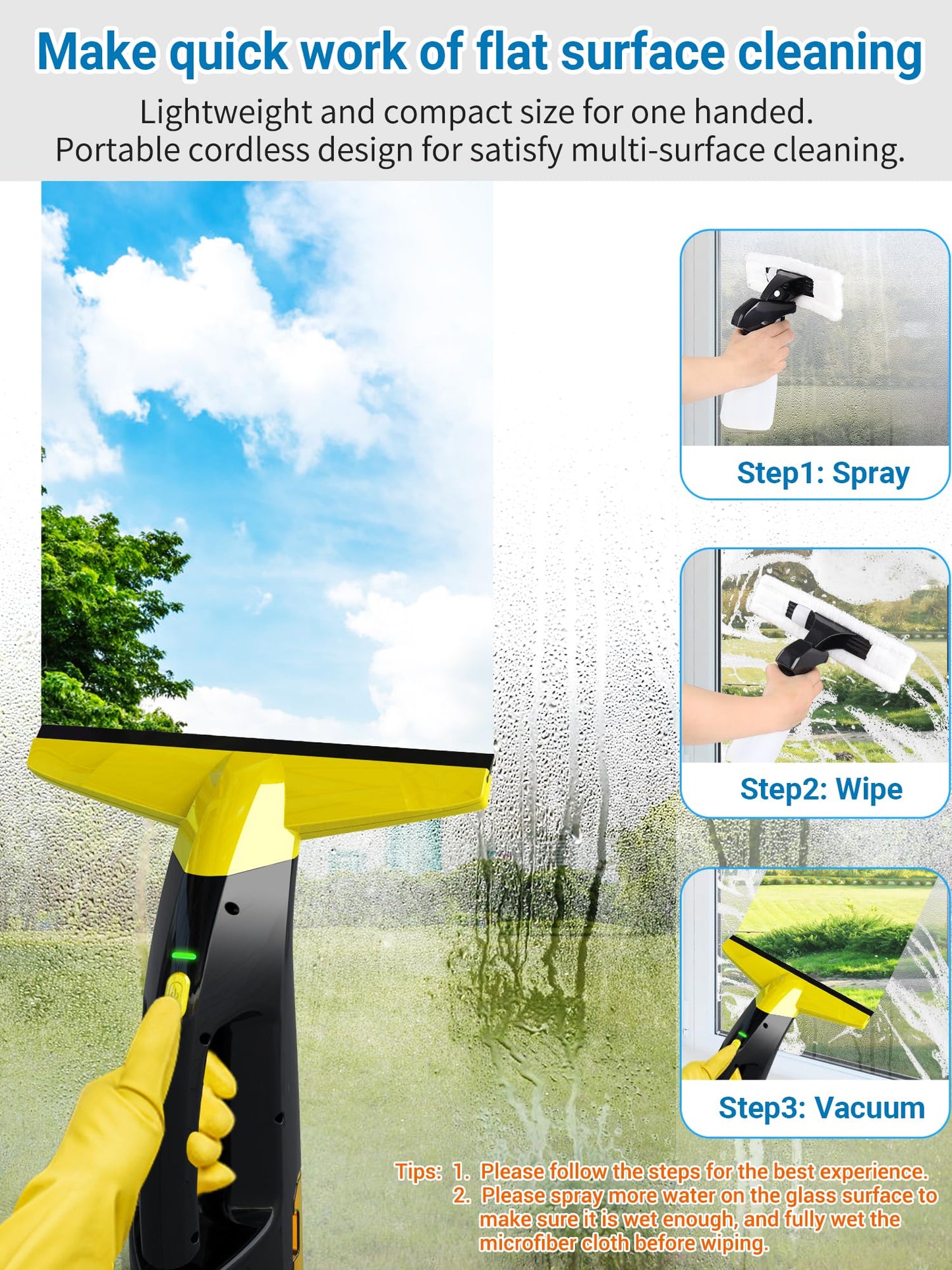 Rechargeable Window Vac, Power Window Vacuum Cleaner Set, Window Squeegee Electric Cleaning Tool for Windows, Tiles, Mirrors, 200ml Water Tank