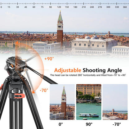 Heavy Duty Tripod Professional Video Tripod Aluminium 72inch with 360 Degree Fluid Head for Canon Nikon DSLR Camcorder Cameras Spotting Scopes