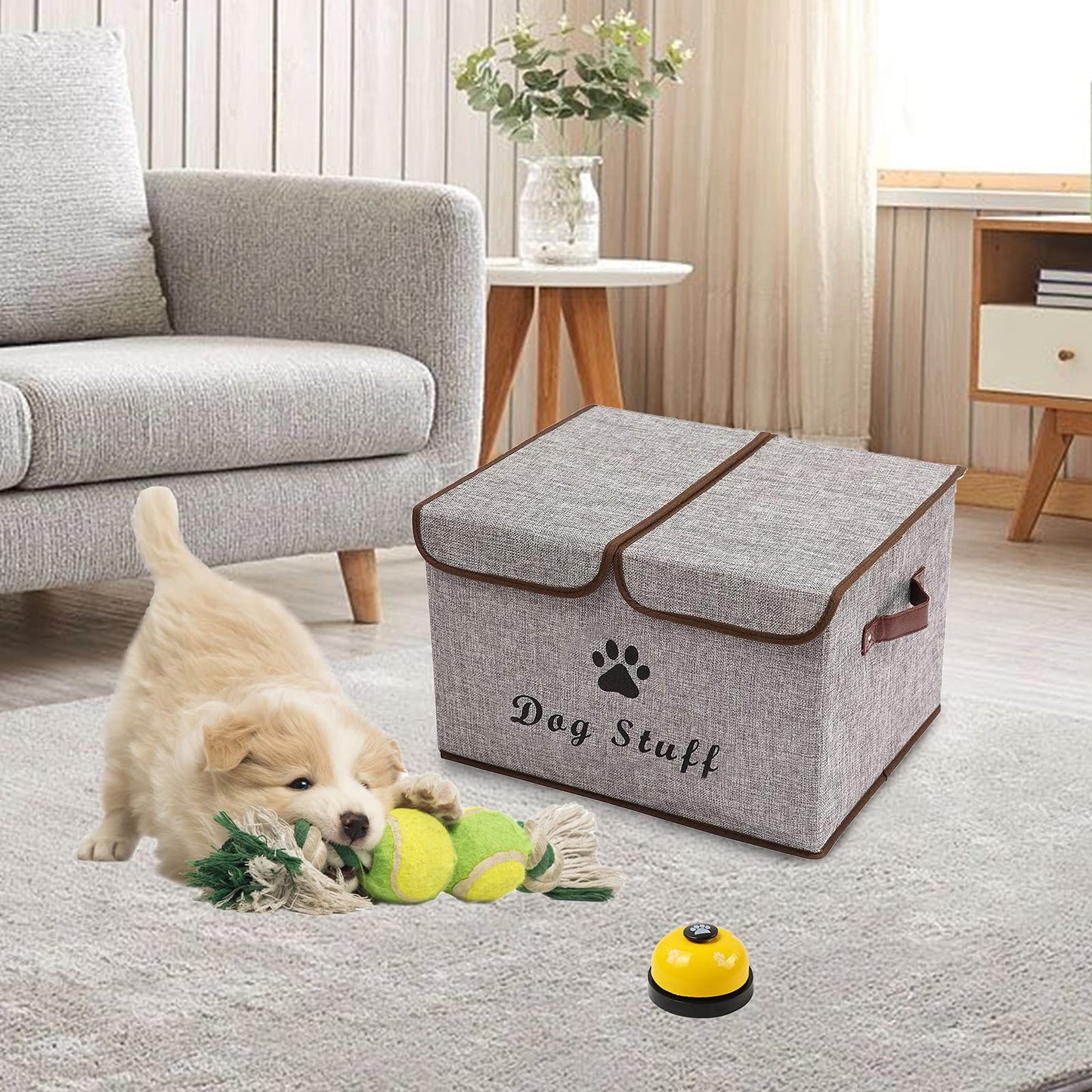 Geyecete Large Storage Boxes - Large Linen Fabric Foldable Storage Cubes Bin Box Containers with Lid and Handles for Dog Apparel & Accessories, Dog Coats, Dog Toys, Dog Clothing(Grey)