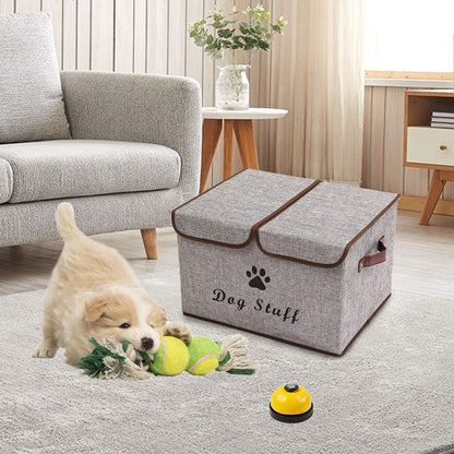Geyecete Large Storage Boxes - Large Linen Fabric Foldable Storage Cubes Bin Box Containers with Lid and Handles for Dog Apparel & Accessories, Dog Coats, Dog Toys, Dog Clothing(Grey)