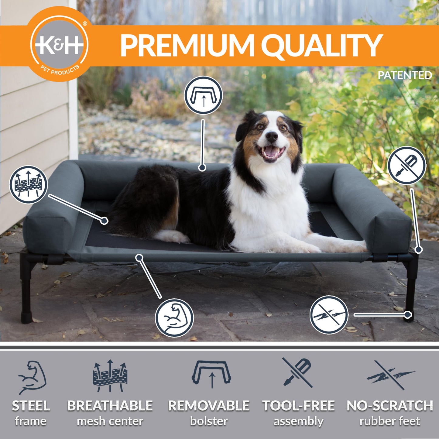 K&H Pet Products Bolster Dog Cot, Cooling Indoor Outdoor Elevated Cot Hammock Dog Bed with Removable Washable Bolsters, Washable Mesh Cover, Raised Metal Frame - Large 42 X 30in Charcoal