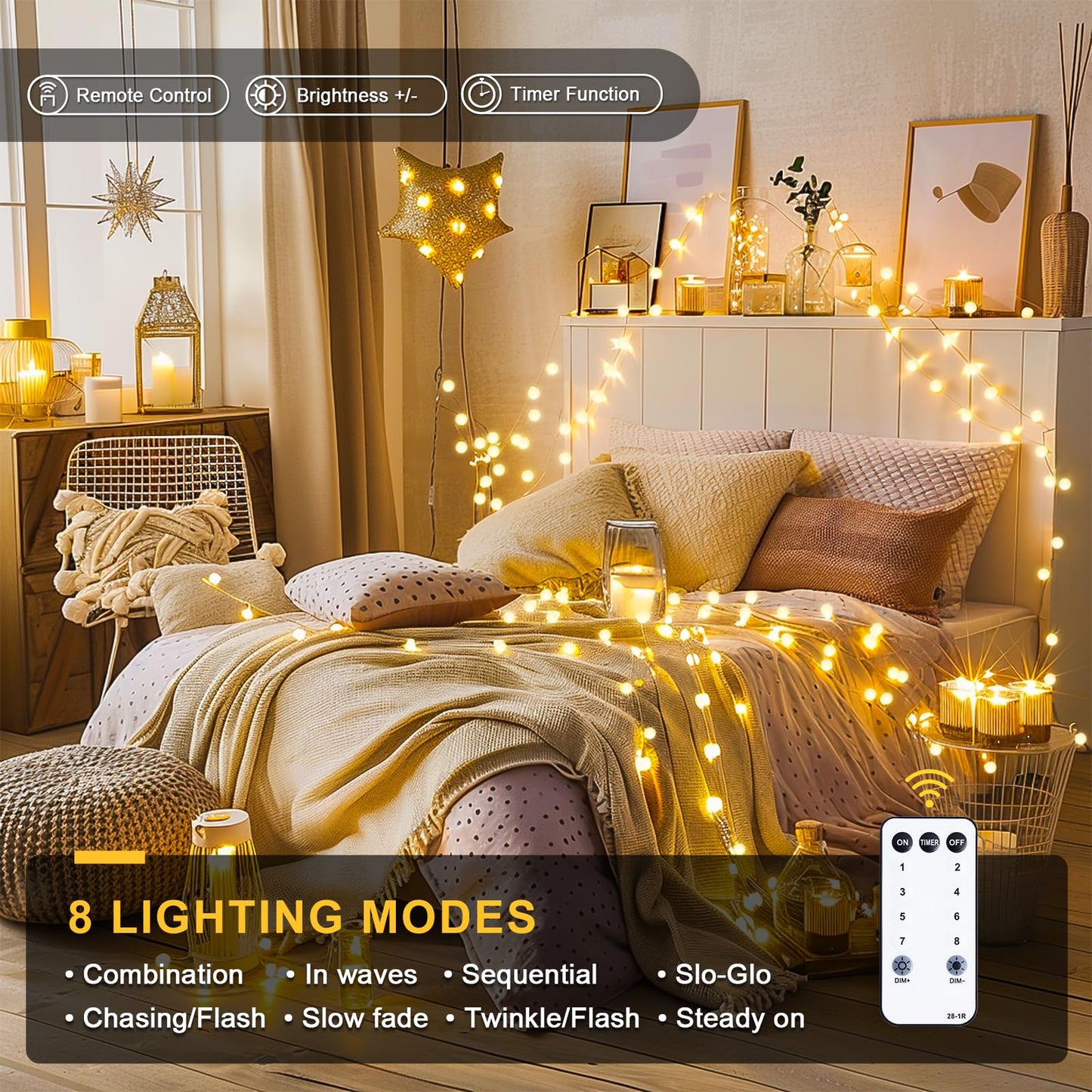 JMEXSUSS 100 LED Connectable Globe String Lights Indoor Bedroom, 33ft Warm White Christmas String Lights Plug in with Remote, 8 Modes Hanging Fairy Lights Outdoor for Room Classroom Dorm Party Decor