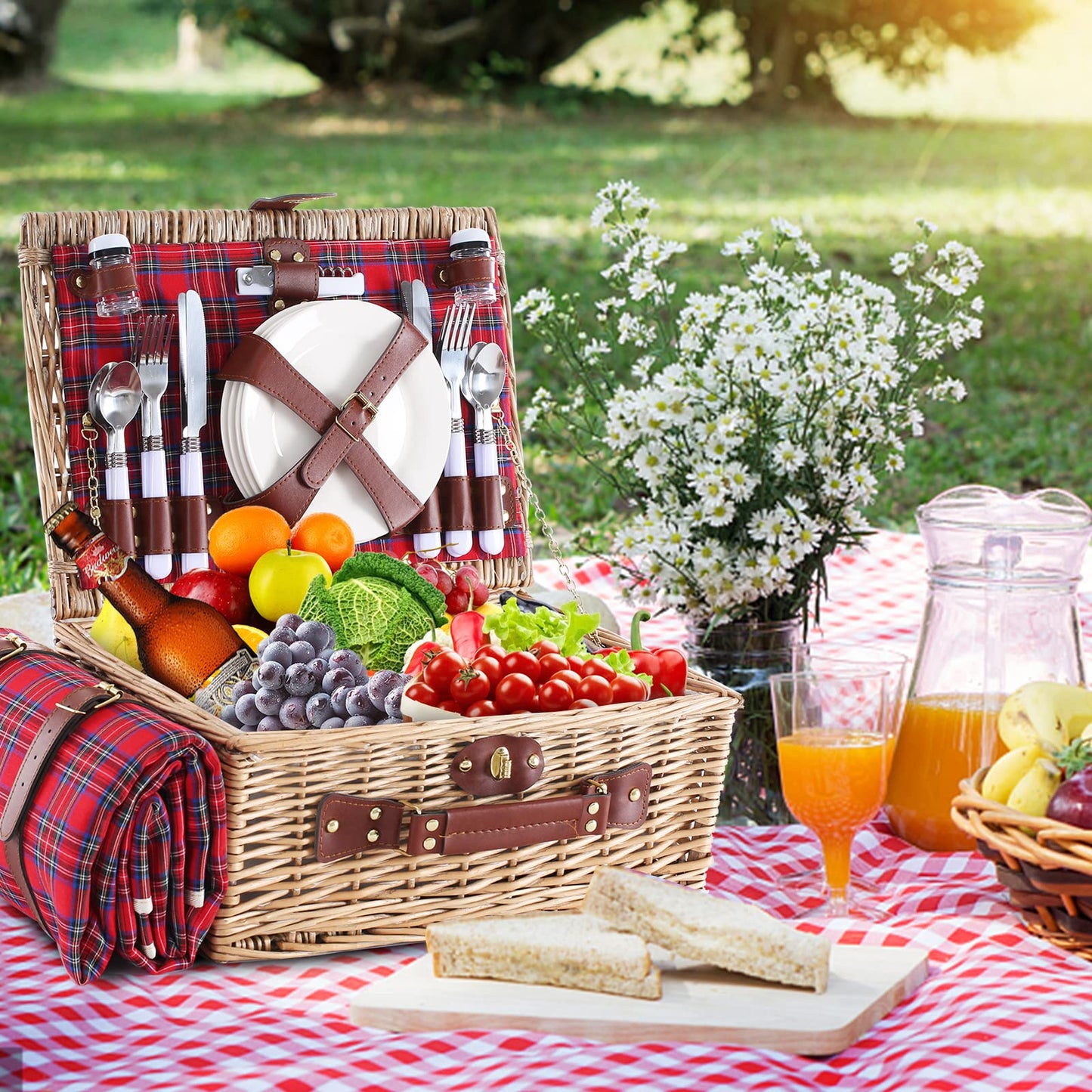 HYBDAMAI Wicker Picnic Basket for 4 with Waterproof Picnic Blanket and Insulated Cooler, Willow Hamper for Camping, Outdoors, Photoshoot, or a Birthday, Valentine’s Day, Wedding Gift