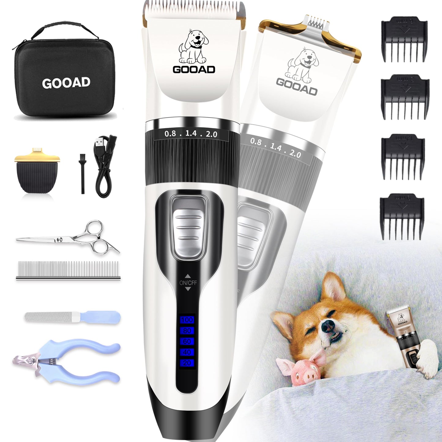 Gooad Dog Clippers Grooming Kit and Paw Trimmer,Cordless,Low Noise, Electric Quiet,Rechargeable, Dog Trimmer Grooming, Pet Hair Clippers for Thick Coats,Shaver for Small and Large Dogs Cats