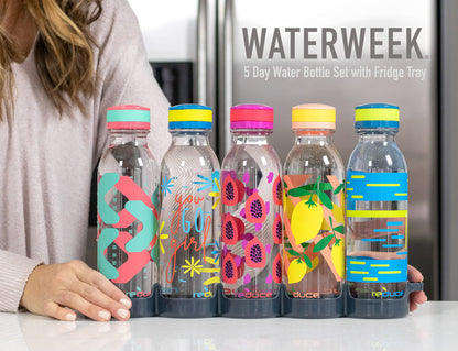 Reduce WaterWeek Reusable Water Bottle Set, 20oz – Plastic Reusable Water Bottle Set of 5, Plus Fridge Tray – BPA-Free, Leak Proof Twist Off Cap – Bliss