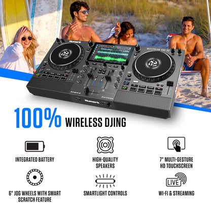 Numark Mixstream Pro Go Portable DJ Controller with Battery, Mixer with Stem Separation, Speakers, WiFi Streaming, Touchscreen, works with Serato DJ