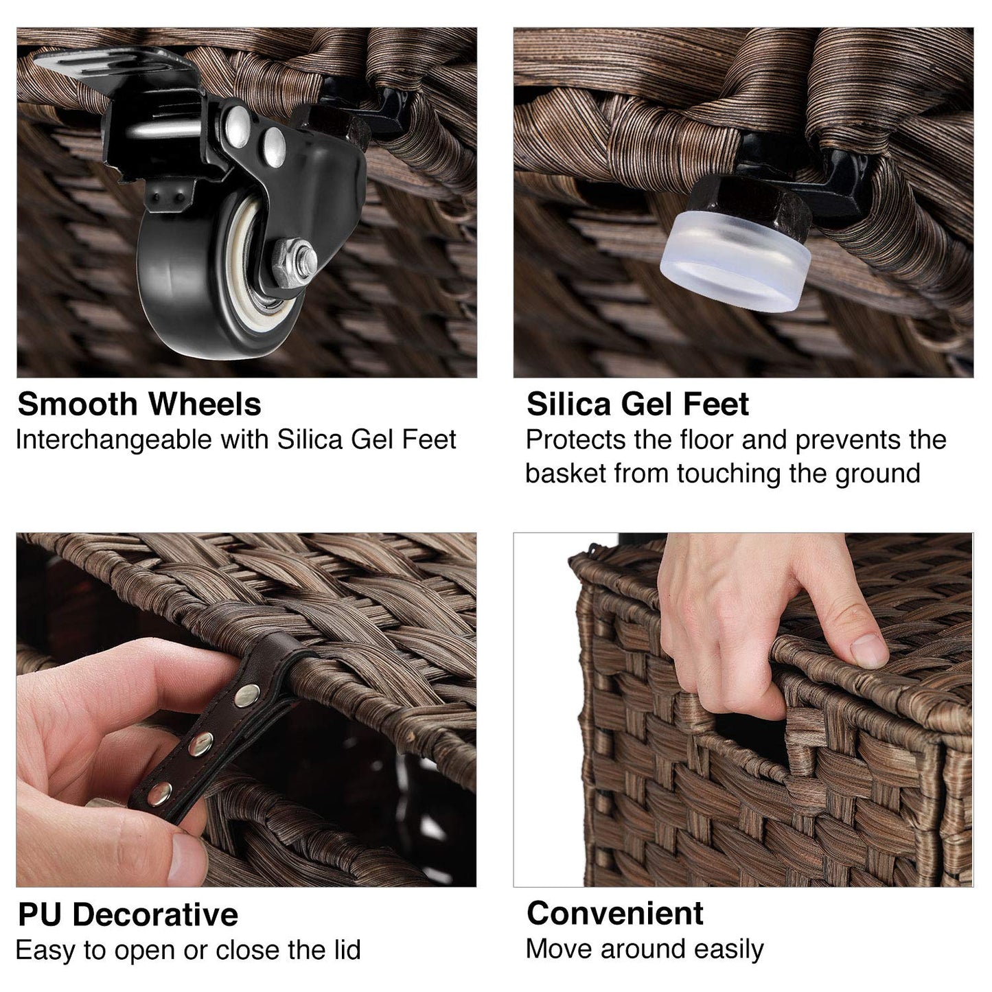 Greenstell Laundry Hamper with Wheels, No Install Needed, 110L Divided Handwoven Hampers & 2 Removable Liner Bags, Rattan Clothes Laundry Basket with Lid & Handles, Foldable Hampers Brown 22x13x26.4In