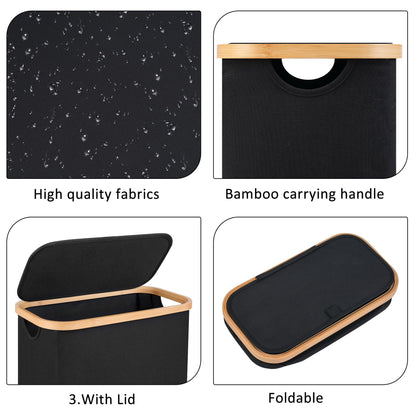 Merkisa 60L Slim Laundry Hamper,Laundry Basket with Lid,Tall Hamper for Laundry,Dirty Cloth Hamper with Bamboo Handle for Toys,Towels, Clothes Organizing,Black