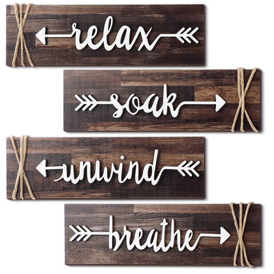 Jetec 4 Pieces Farmhouse Bathroom Decor Wall Art Soak Relax Unwind Breathe Wooden Signs with Arrow Rustic Vintage Country Bathroom Decor for Home Laundry Room(Brown)