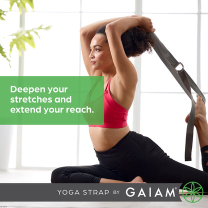 Gaiam Yoga Strap 8ft Stretch Band with Adjustable Metal D-Ring Buckle Loop - Exercise & Fitness Stretching for Yoga, Pilates, Physical Therapy, Dance, Gym Workouts (Black)