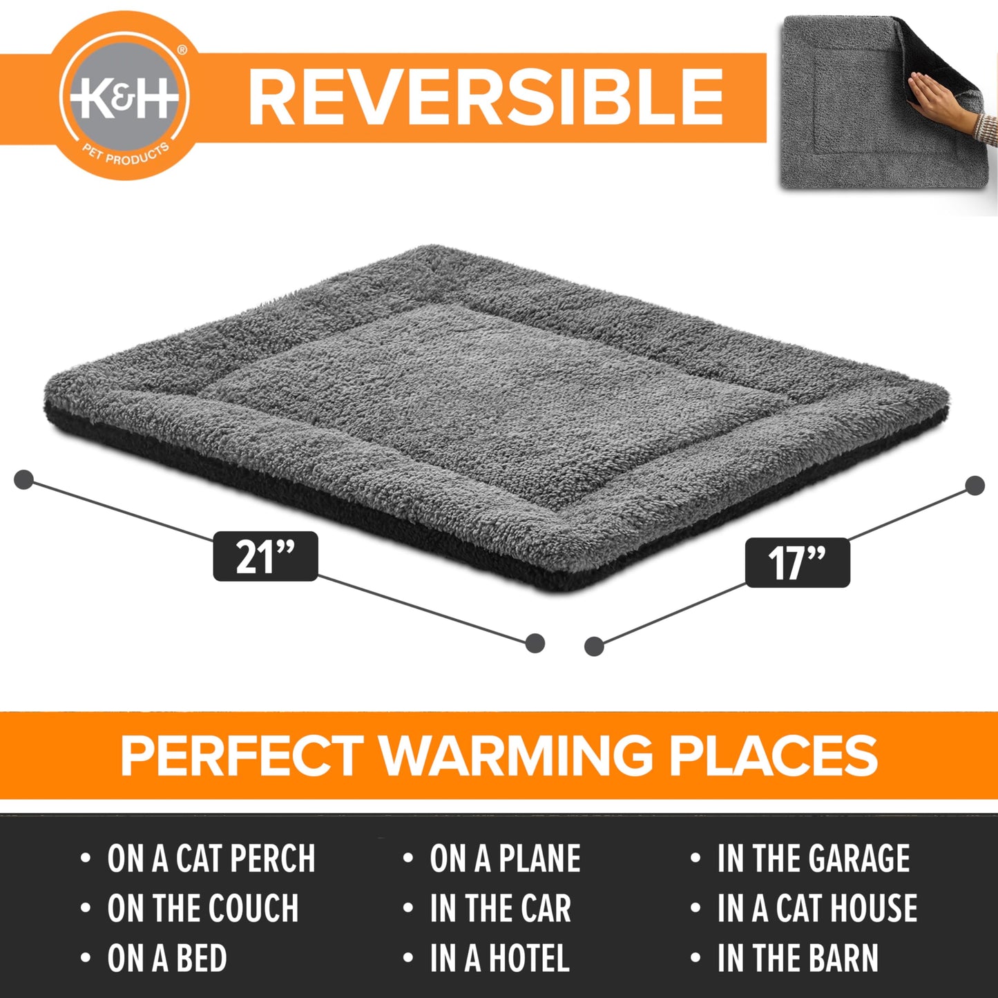 K&H PET PRODUCTS Self-Warming Cat Bed Pad, Self Heating Pad for Outdoor Cat Houses, Warming Mat for Indoor Pet Beds & Furniture, Reversible Blanket, Machine Washable - Small 21 X 17in Gray/ Black
