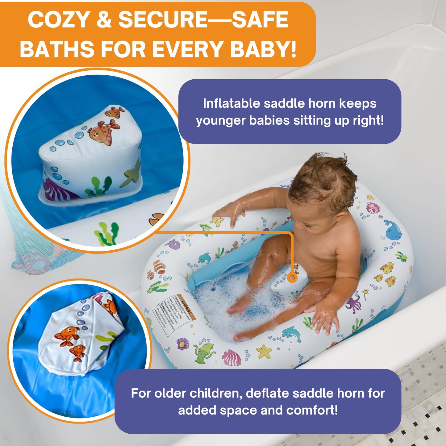 Mommy's Helper | Inflatable Under The Sea Baby Bathtub, Collapsible Safe Baby Bath Tub with Anti-Sliding Saddle Horn Seat, Must Have Travel Toddler Bath, Portable Bathtub Recommended Months 6 to 24