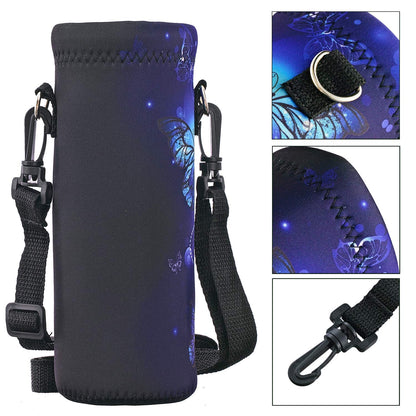 RICHEN Neoprene Water Bottle Carrier Bag with Adjustable Shoulder Strap, Insulated for 750ml/24oz Stainless Steel/Glass/Plastic Bottles (Blue Butterflies, 750ml)