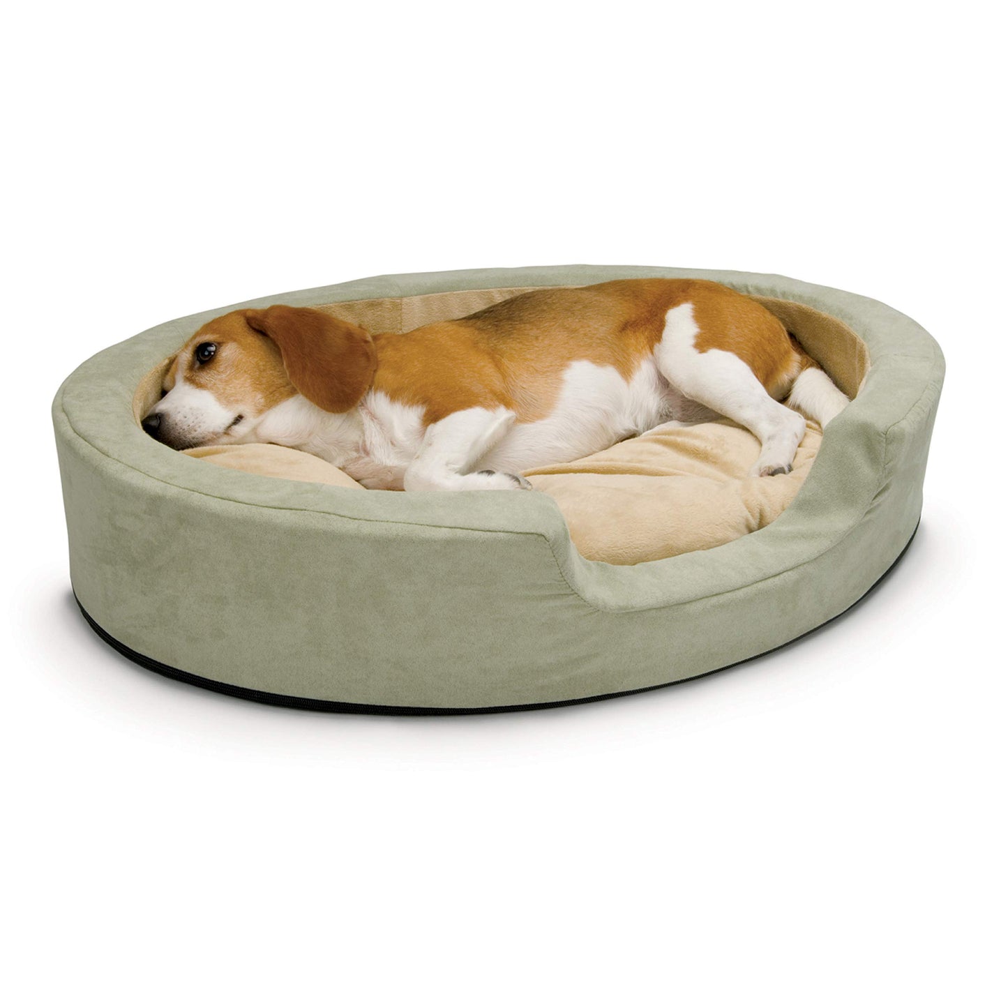 K&H Pet Products Heated Dog Bed Indoor, Thermo-Snuggly Sleeper with Removable Waterproof Heated Pad, Calming Pillow Pet Bed, Machine Washable, Safety Listed - Medium 26 X 20in Sage/Tan