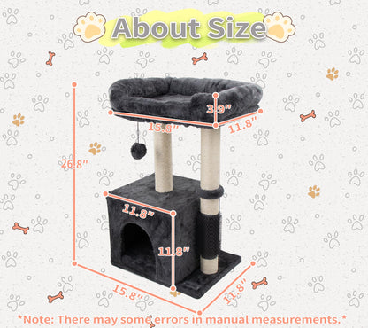 Hapineko 26.8" Small Cat Tree Tower,Cat Scratching Post for Indoor Cats,Featuring with Cat Cave & Cozy Perch,Cat Self Groomer and Interactive Dangling Ball Great for Kittens/Cats (Smoky Gray, Medium)
