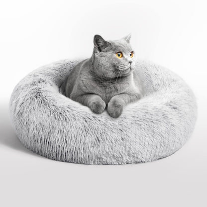 Love's cabin Calming Cat Bed for Indoor Cats, Anti-Anxiety Donut Round Dog Bed, Fluffy Faux Fur Washable Pet Bed for Small Medium Dogs and Cats,Grey,20in