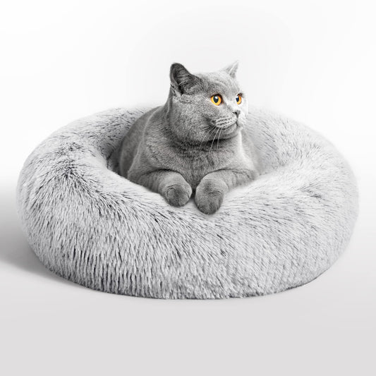 Love's cabin Calming Cat Bed for Indoor Cats, Anti-Anxiety Donut Round Dog Bed, Fluffy Faux Fur Washable Pet Bed for Small Medium Dogs and Cats,Grey,20in
