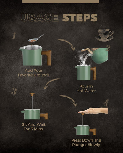 POLIVIAR French Press Coffee Maker, 34 oz Coffee Press with Real Wood Handle, Double Wall Insulation & Dual-Filter Screen, Food Grade Stainless Steel for Good Coffe and Tea (Flatland)