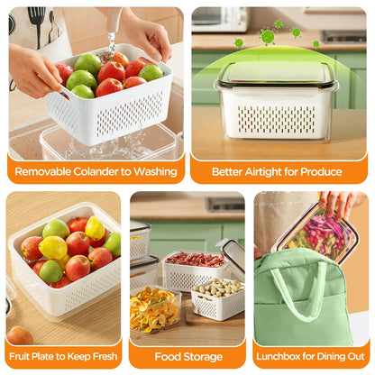 5-Pack Fruit Storage Containers for Fridge with Removable Colanders, 4 in 1 Produce Storage Containers with Lids, Leakproof Fridge Organizer Bins for Salad Berry Lettuce Vegetables Meat Keeper Fresh