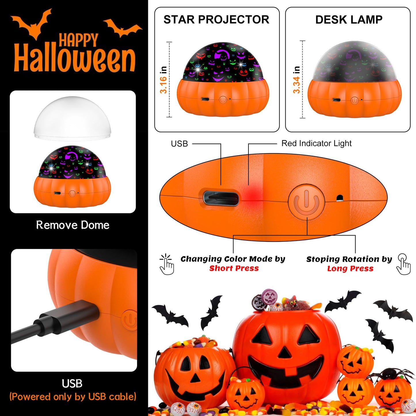 Pumpkin Star Projector Night Light for Kids,Baby Night Lights with Jack O'Lantern Faces & Starry Theme,360 Degree Rotation,Birthday Gift Toys