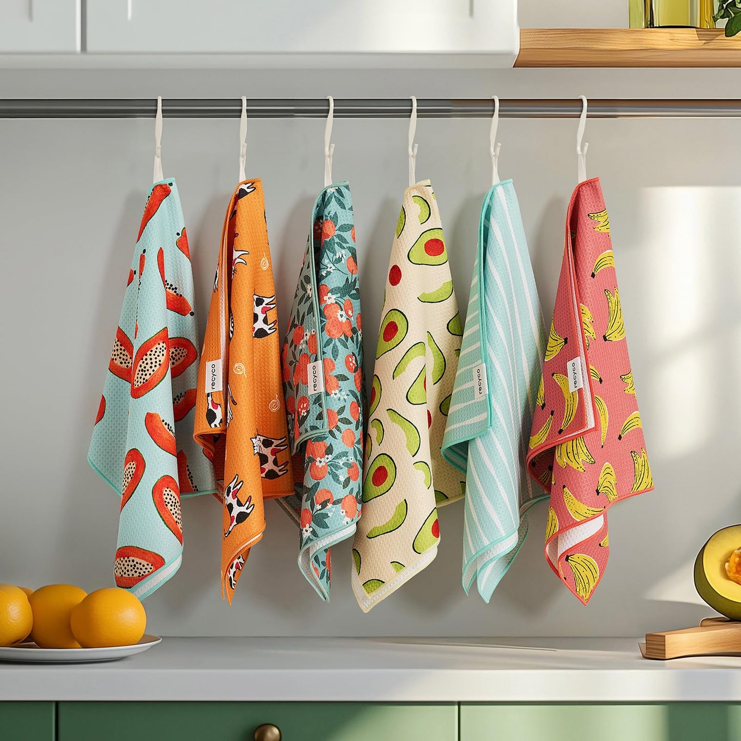 RECYCO Waffle Kitchen Towel Set of 2 - Quick Dry Microfiber Sustainable Dish Towels - Ultra Absorbent Reusable Cleaning Tea Towels - Lightweight Hand Towels,16”x 28”, Cuddly Cats