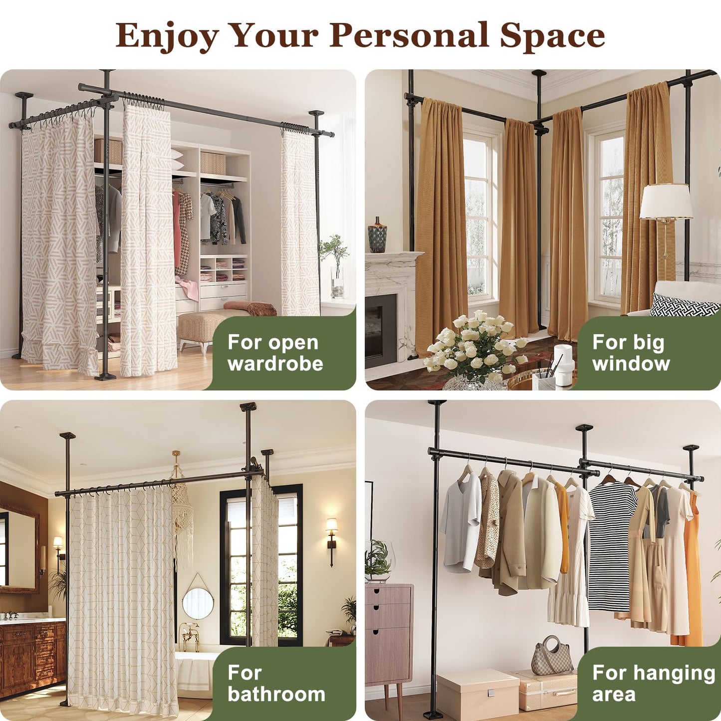 Goovilla Room Divider for Room Separation, Tension Curtain Rods No Drilling, 4-10ft(H) 28-114inch(W) Adjustable Temporary Privacy Wall Divider, Heavy Duty Freestanding Space Partition Separator, Black