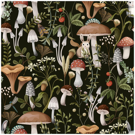 MILEPER Mushroom Wallpaper Peel and Stick Wallpaper Black 17.7" x 393" Self Adhesive Removable Wall Paper Leaf Forest Mushroom Contact Paper for Countertops Decor