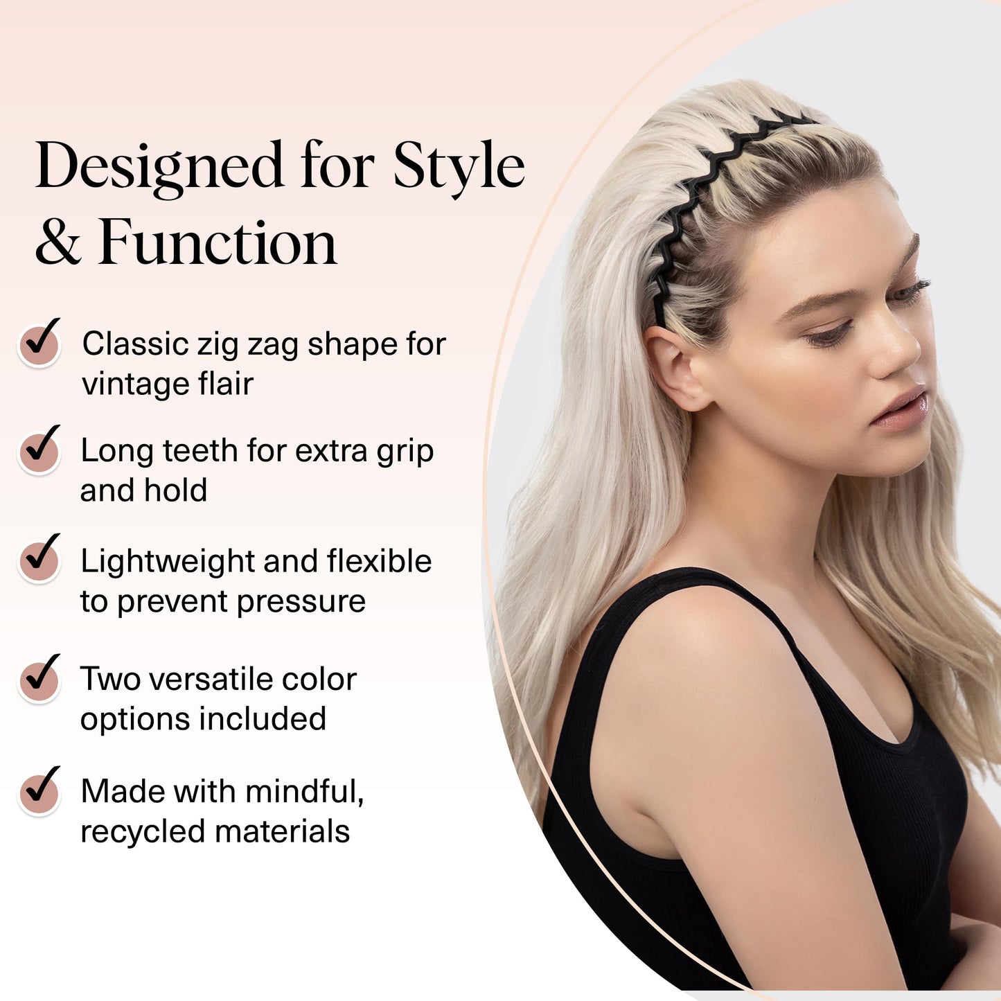 Kitsch Zig Zag Headbands for Women Non Slip – Fashion Accessories for Slicked Back Styles - Comfortable Comb Headband with Teeth - Recycled Plastic Tortoise & Black Headband - 2 pcs