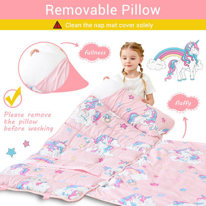 Lasoftan Toddler Nap Mat with Pillow and Blanket, Extra Large Rolled Napping Mats, Toddler Nap Mat for Boys Girls,Kids Sleeping Mat for Daycare, Preschool Travel Camping, Unicorn
