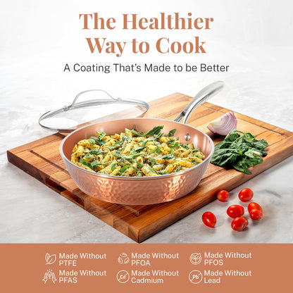 GOTHAM STEEL Hammered Copper 12 Inch Non Stick Frying Pans with Lid, Frying Pans Nonstick with Lid, Non Toxic Ceramic Pan for Cooking, Nonstick Frying Pan, Induction Pan, Oven and Dishwasher Safe