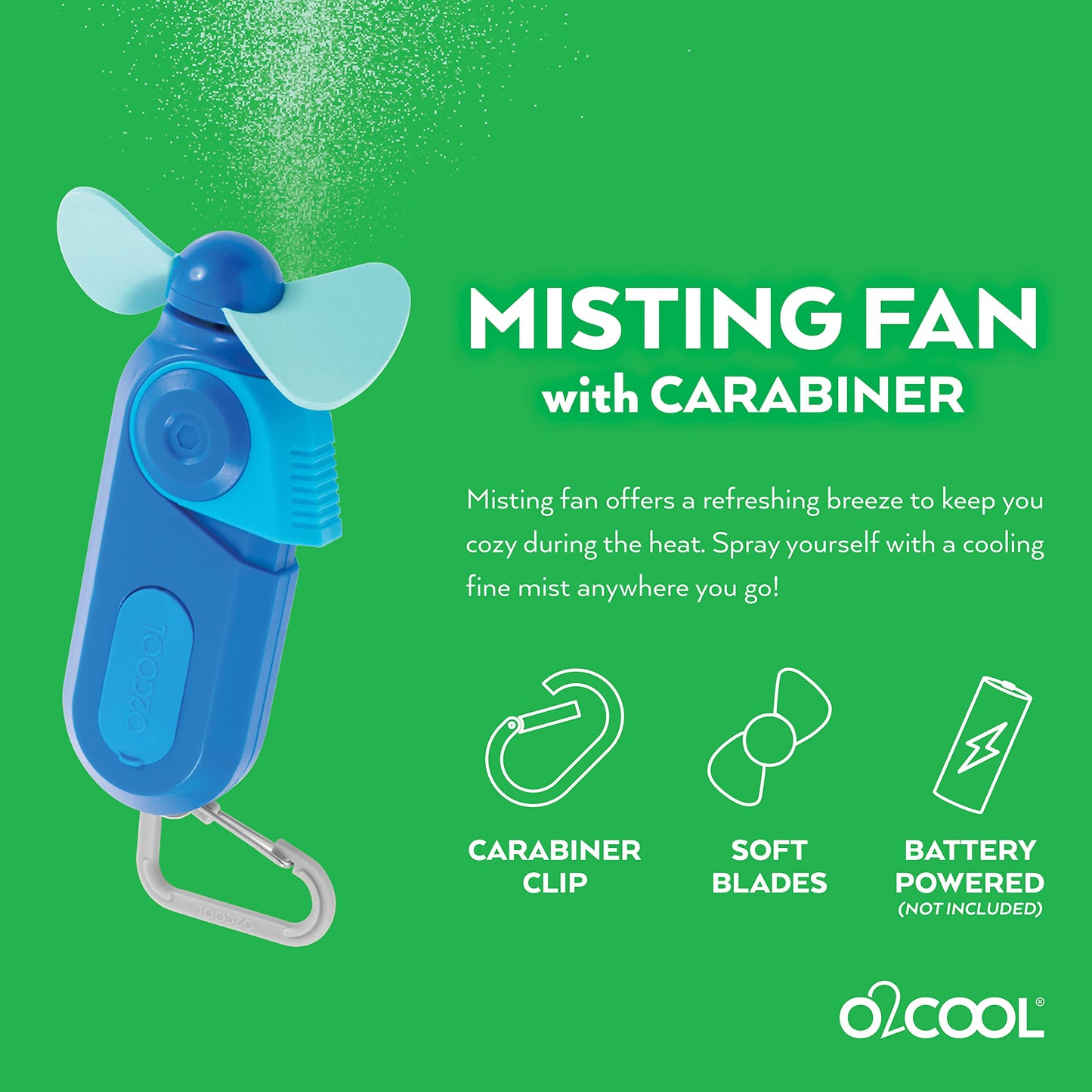 O2COOL Keychain Sport Misting Fan - Pocket Size Battery Powered Portable Handheld Fan With Carabiner Clip and Mister 2 Pack (Blue)