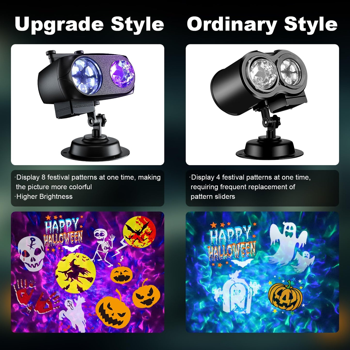 2025 Upgraded Brighter Halloween Decorations Projector Lights for Home, Display 8 Patterns at A Time (3D Ocean Wave & Patterns), 8 Themes Holiday Projector Halloween’ Day House Decoration Light Show