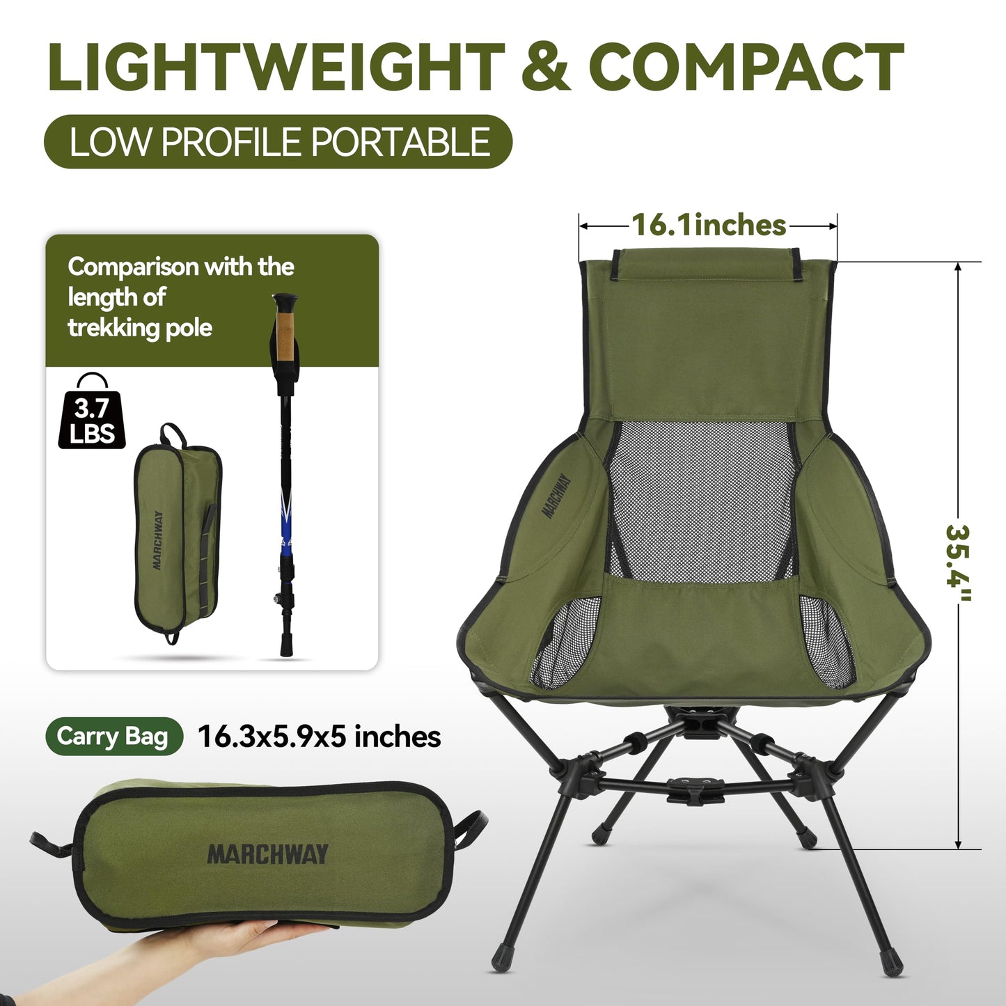 MARCHWAY Lightweight Folding High Back Camping Chair with Head Support, Stable Portable Compact for Outdoor Camp, Travel, Beach, Picnic, Festival, Hiking, Backpacking (Highback Green)