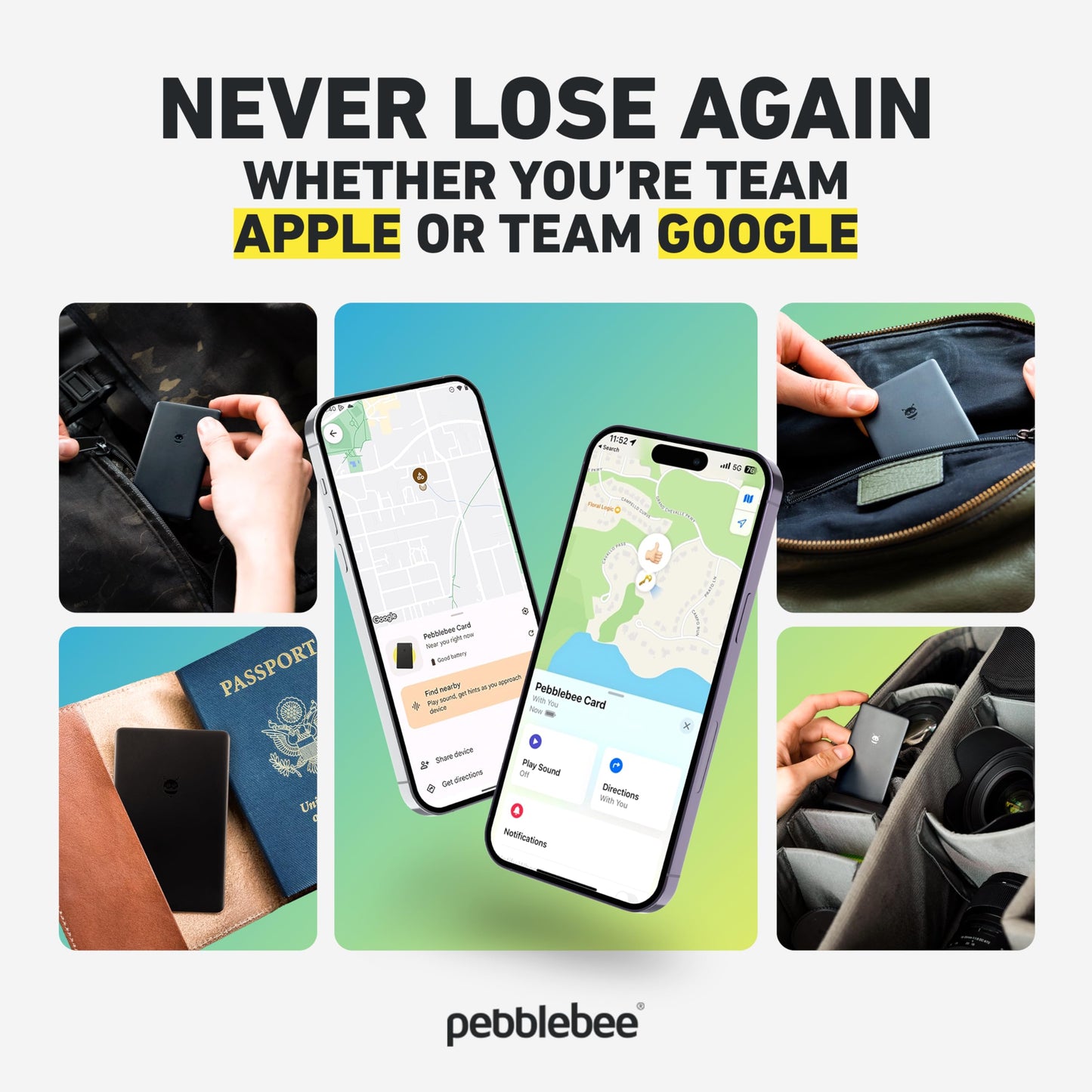 Pebblebee Tracker Card Universal - Rechargeable Slim Item Tracker | Alternative to Air Tag & Android Trackers | 18-Month Battery Life | Works with Both Android & iOS Find My Apps | LED & Sound Alerts