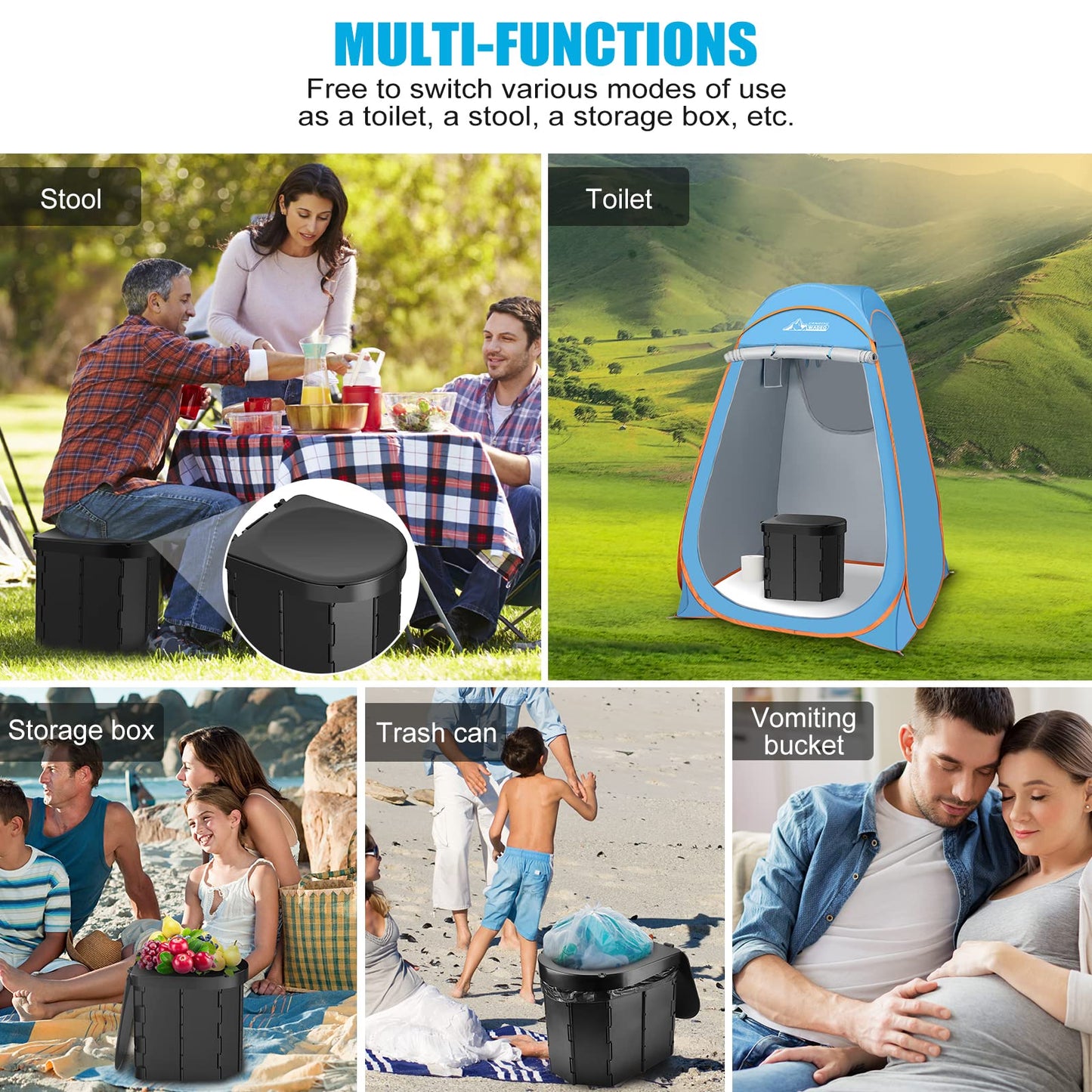 Portable Camping Toilet, Folding Toilet for Adults with Lid and Retractable TP Holder, Waterproof Porta Potty with Carry Bag and Disposible Liners for Camping, Hiking, RV Travel