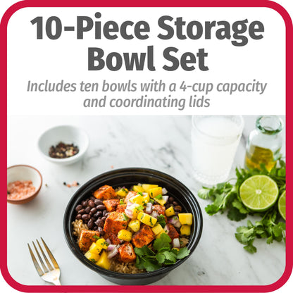 GoodCook 4-Cup Meal Prep Bowls Set with Lids and Dressing Cup, Microwavable Food Storage Containers for Meal Prepping, Set of 10, Black