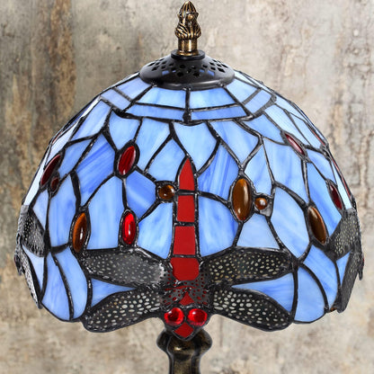MIAOKE Stained Glass Table Lamp,Stained Glass Crystal Bead Style Table Light, Handmade Desk Bedside Night Light, Antique Art Craft Gifts Lover Living Room Bedroom Bookcase(Blue Dragonfly)